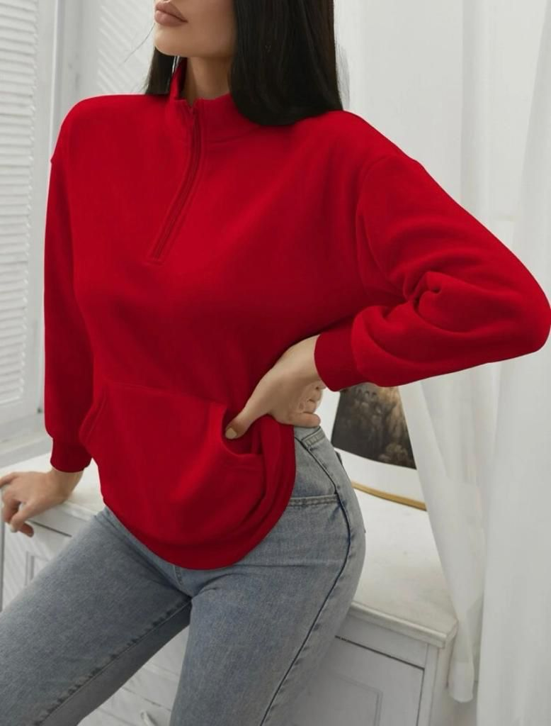 İçi Polarlı Fermuar Detay Sweatshirt - Kırmızı